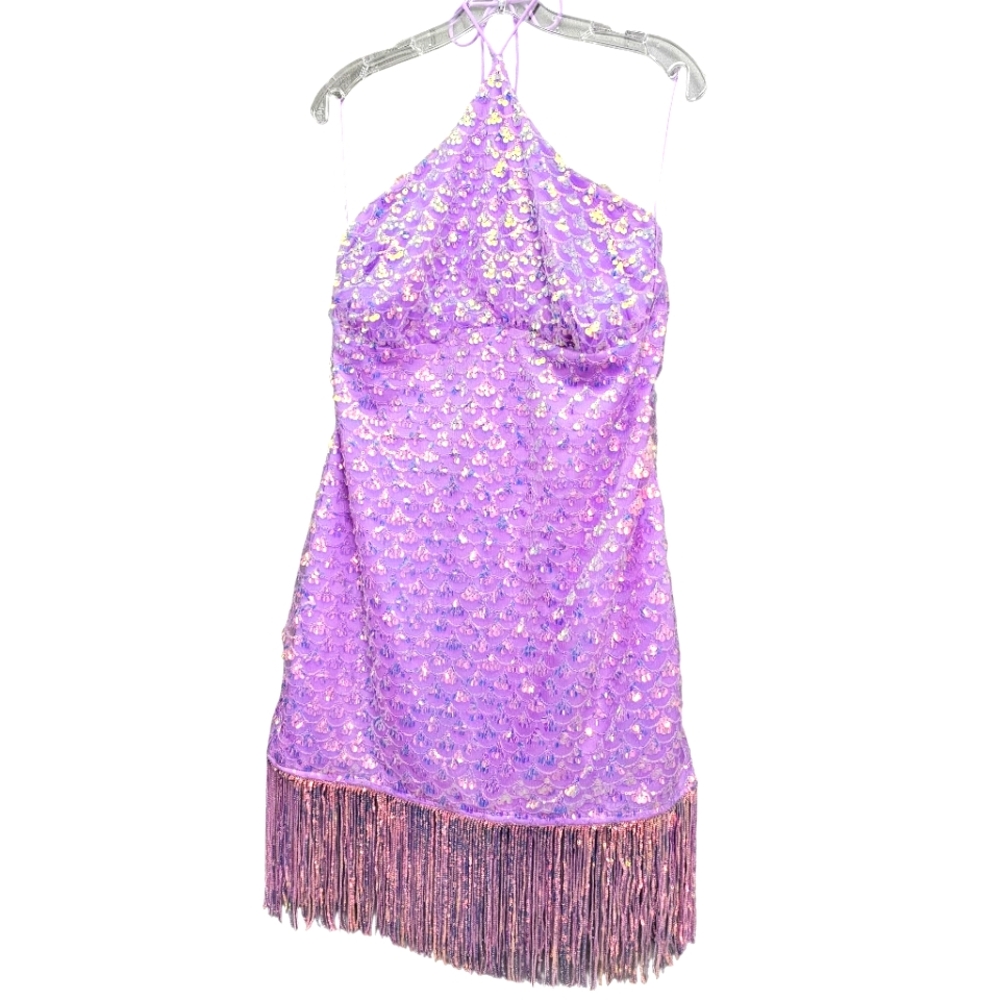 Nwt Fashion Nova Lavender Iradecent Sequin Vitamin Sea Halter Fringed Mini Dress - Picture 11 of 17